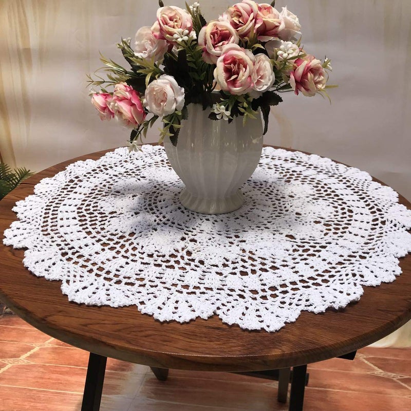 Damanni White Cotton Handmade Crochet Lace Tablecloth Doilies Table Overlay,Round,23 Inch,2PCS - Image 3